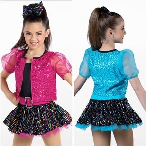 Weissman MC Dance Costume – Pink Sequin Jacket + Rainbow Sequin Skirt Set